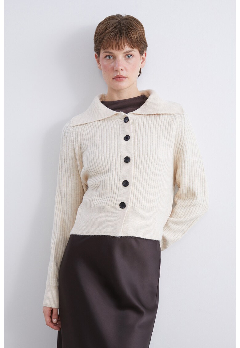 Cardigan tricotat cu guler clasic - Alb fildes