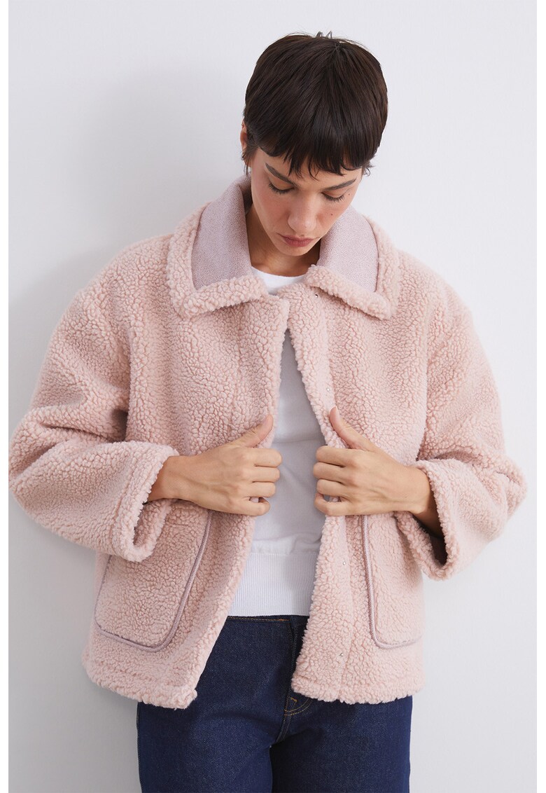 Jacheta din material teddy cu detalii din piele ecologica - Roz pastel