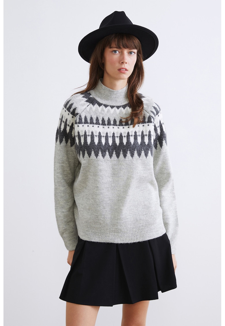 Pulover cu guler scurt si model - Gri deschis melange/Gri antracit