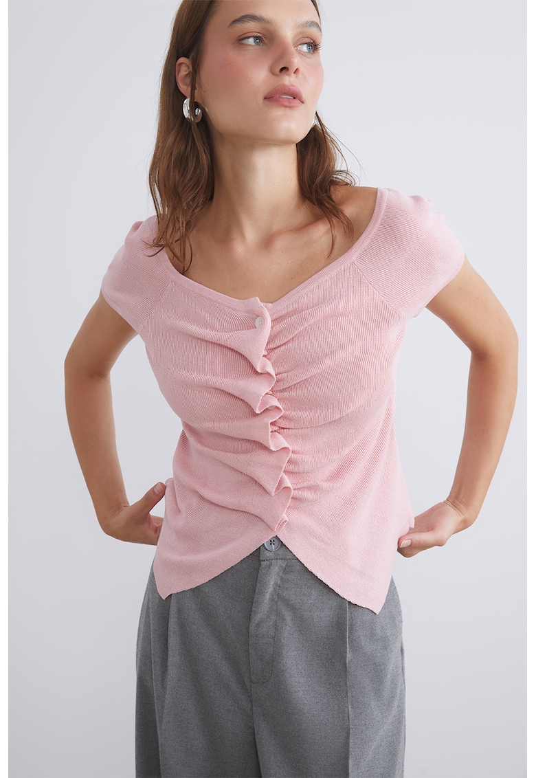 Bluza cu fronseuri - nasturi si maneci scurte - Roz deschis