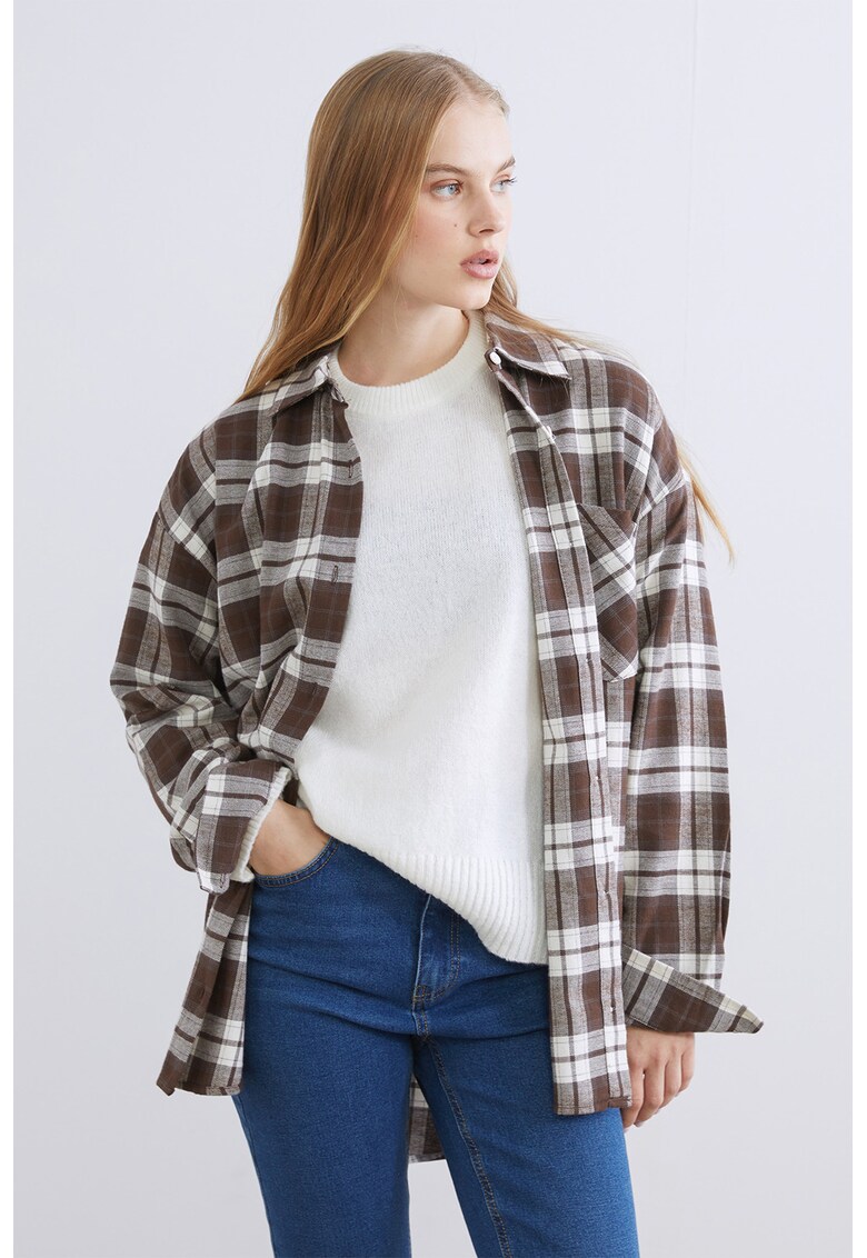 Camasa din bumbac cu model in carouri - Alb/Maro