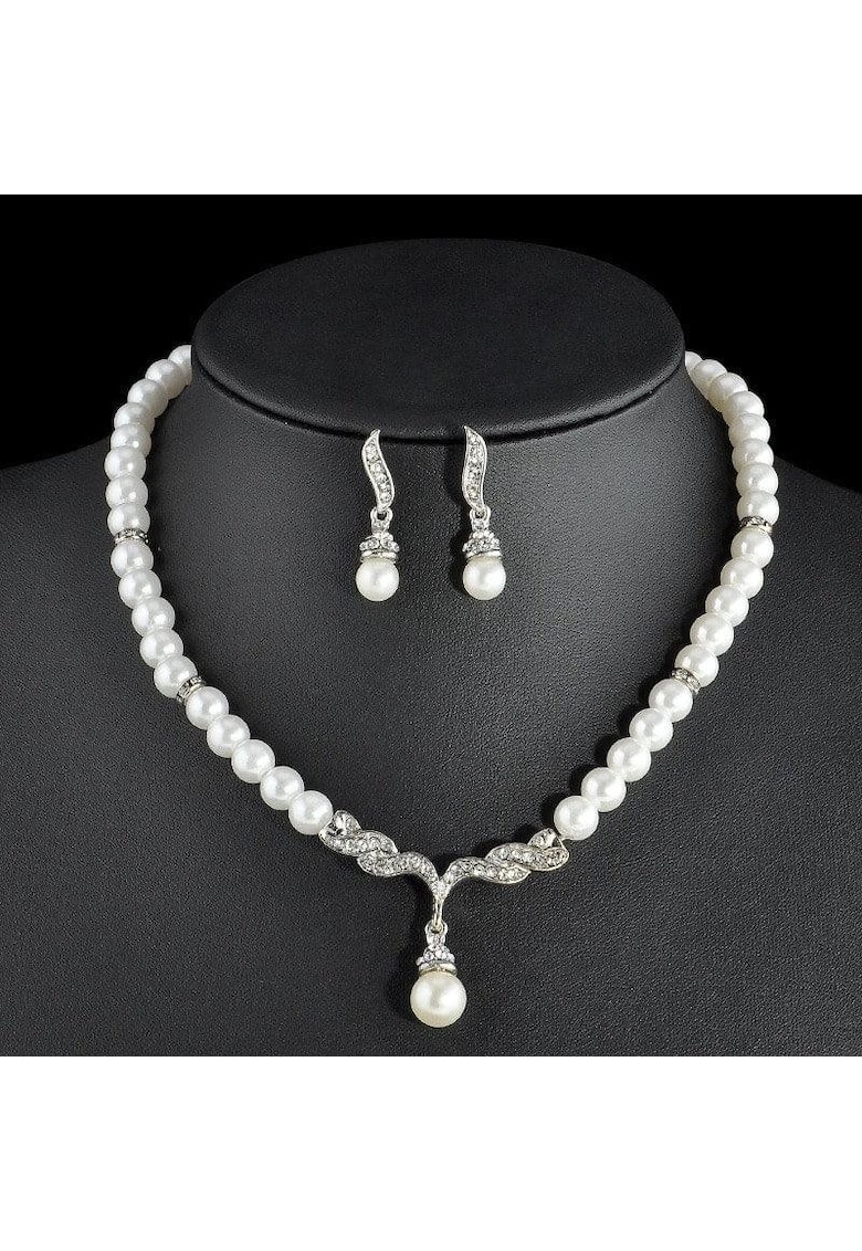 Set colier si cercei - argintiu - cu perle si pietre - Osvald C19 Set colier si cercei - argintiu - cu perle si pietre - Osvald C19