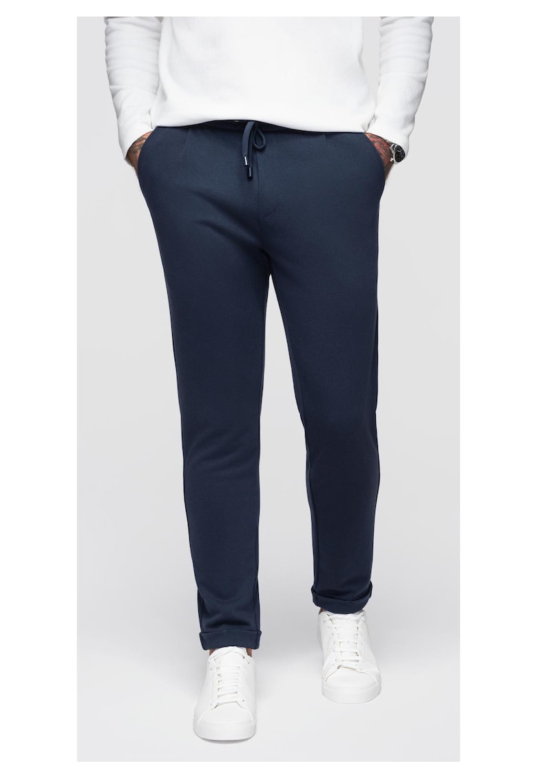 Pantaloni din tricot piqué cu talie ajustabila OM-PACP-0283 - Albastru inchis
