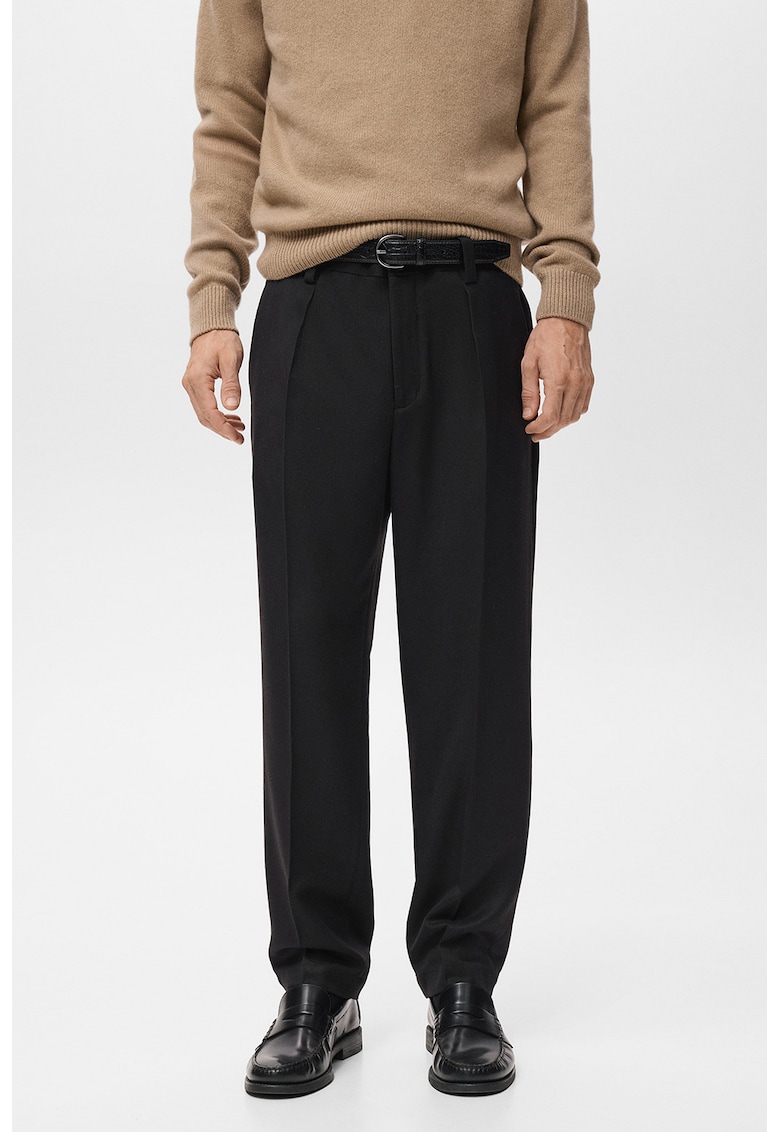 Pantaloni eleganti regular fit din amestec de lana cu buzunare cu clapa