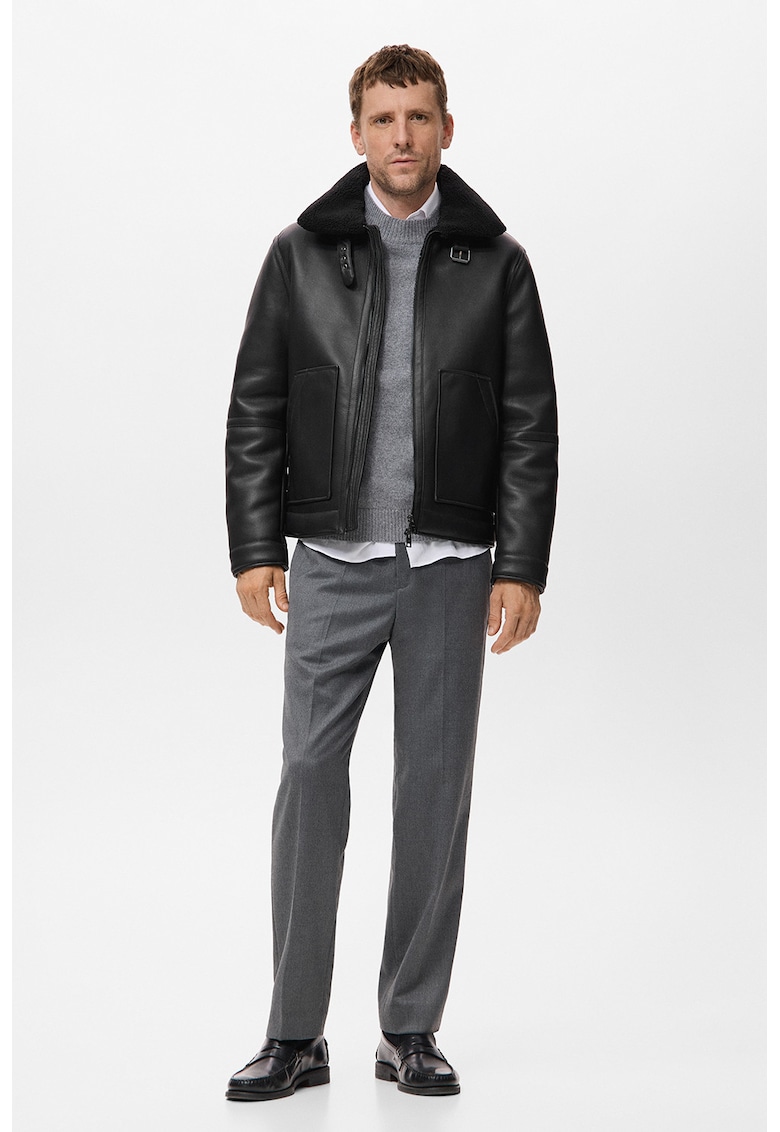 Jacheta din fleece de piele sintetica - Negru