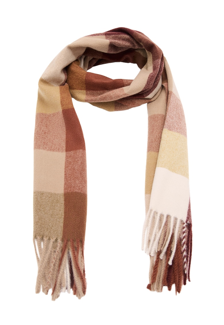 Esarfa in carouri cu franjuri - Bej/Rosu inchis/Roz prafuit