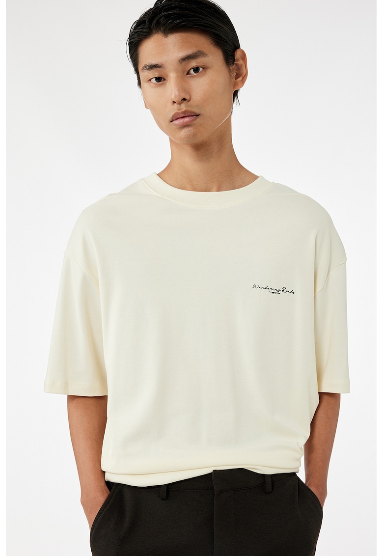 Tricou de bumbac cu maneci cazute - Crem