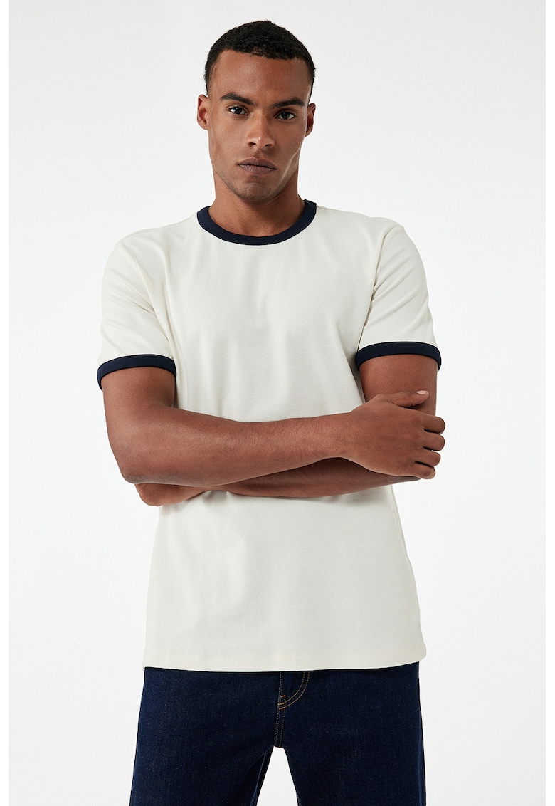 Tricou din amestec de bumbac cu decolteu la baza gatului - Alb fildes/Negru