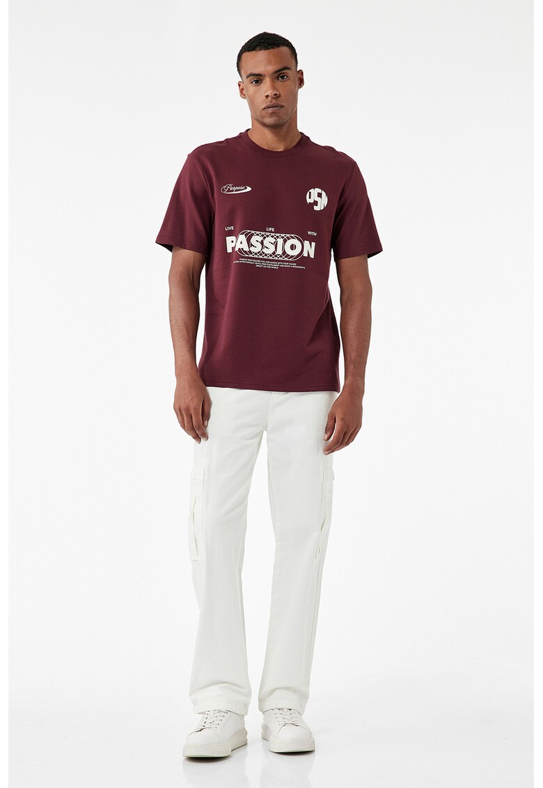 Tricou de bumbac cu imprimeu - Visiniu/Alb optic