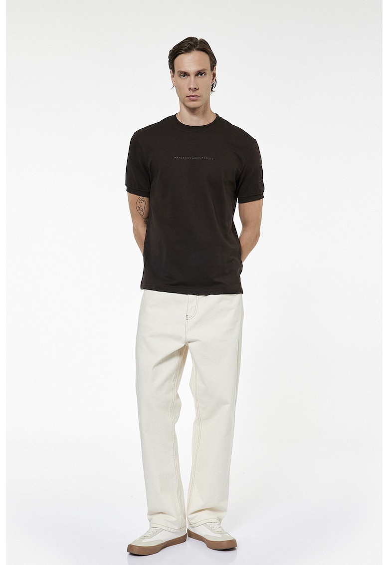 Tricou de bumbac cu imprimeu text - Maro inchis