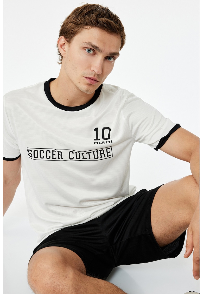 Tricou cu imprimeu si decolteu la baza gatului - Negru/Alb murdar