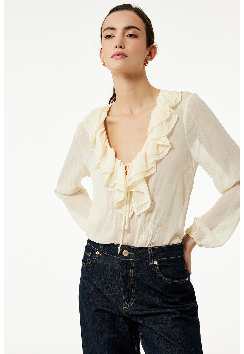 Bluza cu decolteu in V si volane - Bej deschis