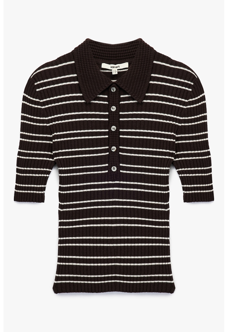Tricou cu model in dungi si guler clasic - Alb/Maro inchis