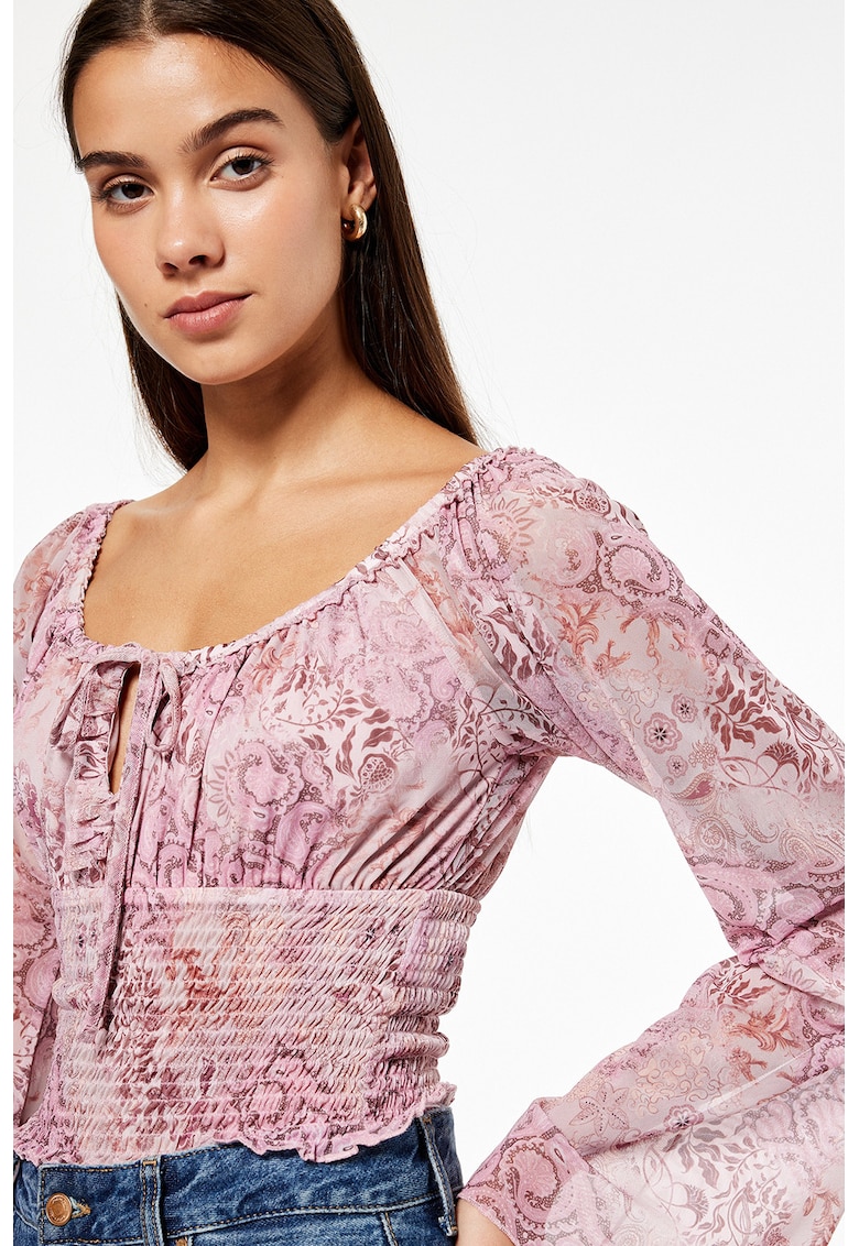 Bluza cu maneci lungi si model paisley - Roz inchis/Roz prafuit