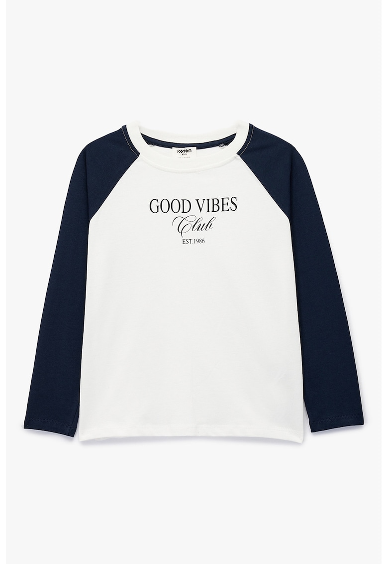 Bluza de bumbac cu imprimeu text - Alb/Bleumarin