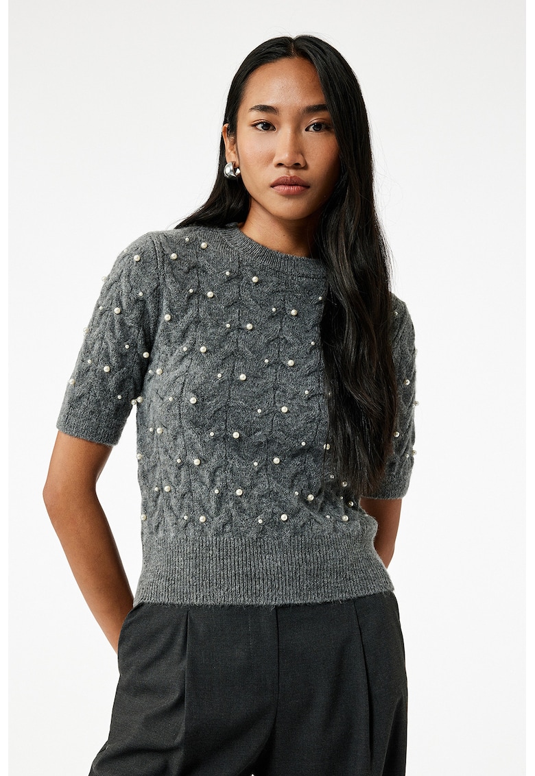 Pulover striat cu aplicatii cu margele - Alb fildes/Gri melange