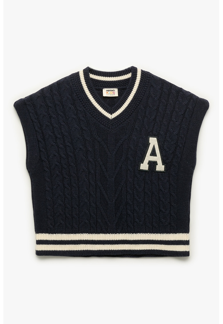 Pulover fara maneci cu model torsade - Bej/Bleumarin