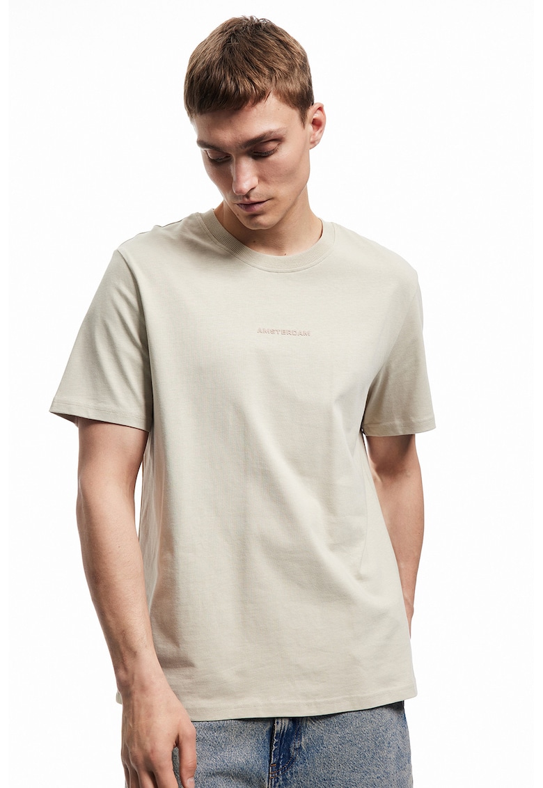 Tricou de bumbac cu decolteu la baza gatului - Bej