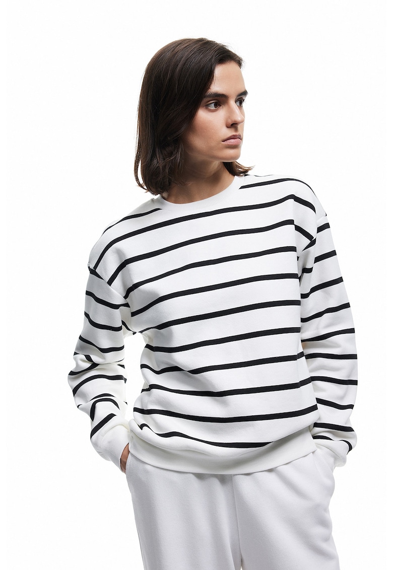 Bluza de trening cu dungi si decolteu la baza gatului - Alb/Negru