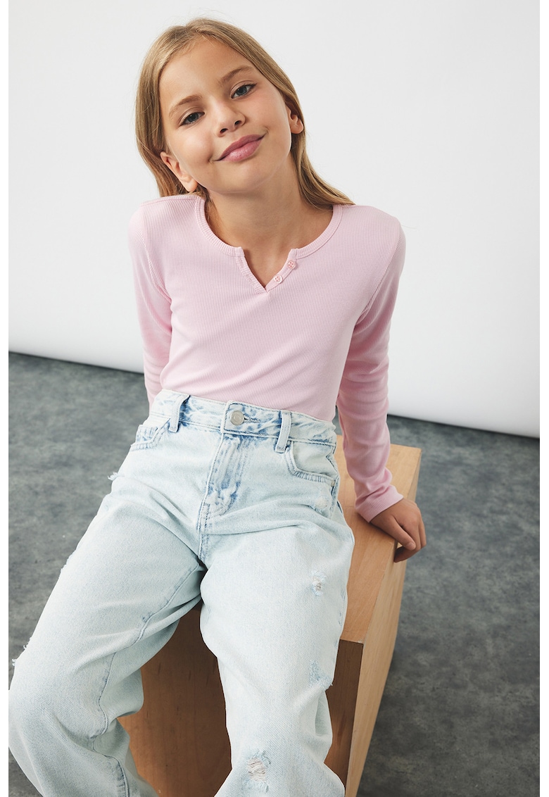 Bluza slim fit cu decolteu rotund - Roz deschis