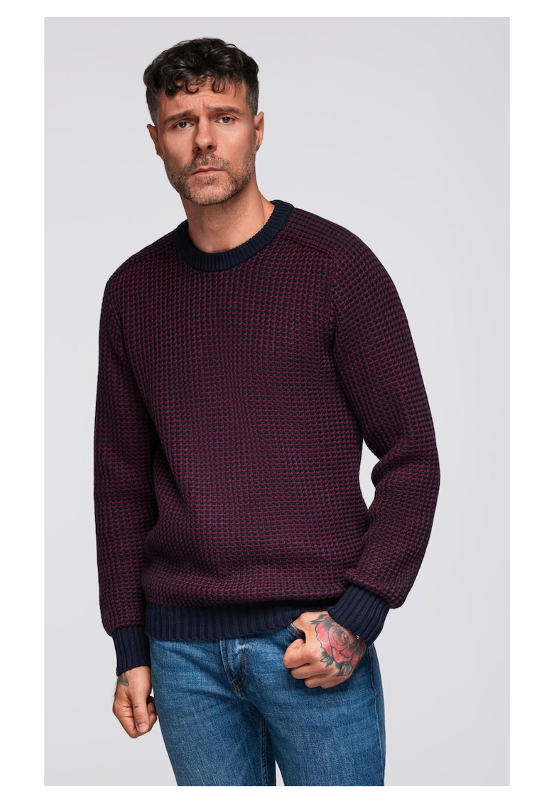 Pulover din tricot contrastant cu decolteu rotund OM-SWSW-0122