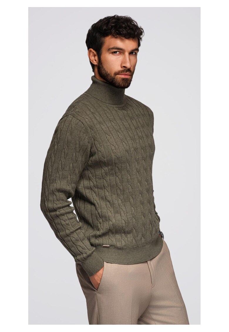 Pulover cu guler inalt si model tricotat OM-SWTN-0157 - Kaki