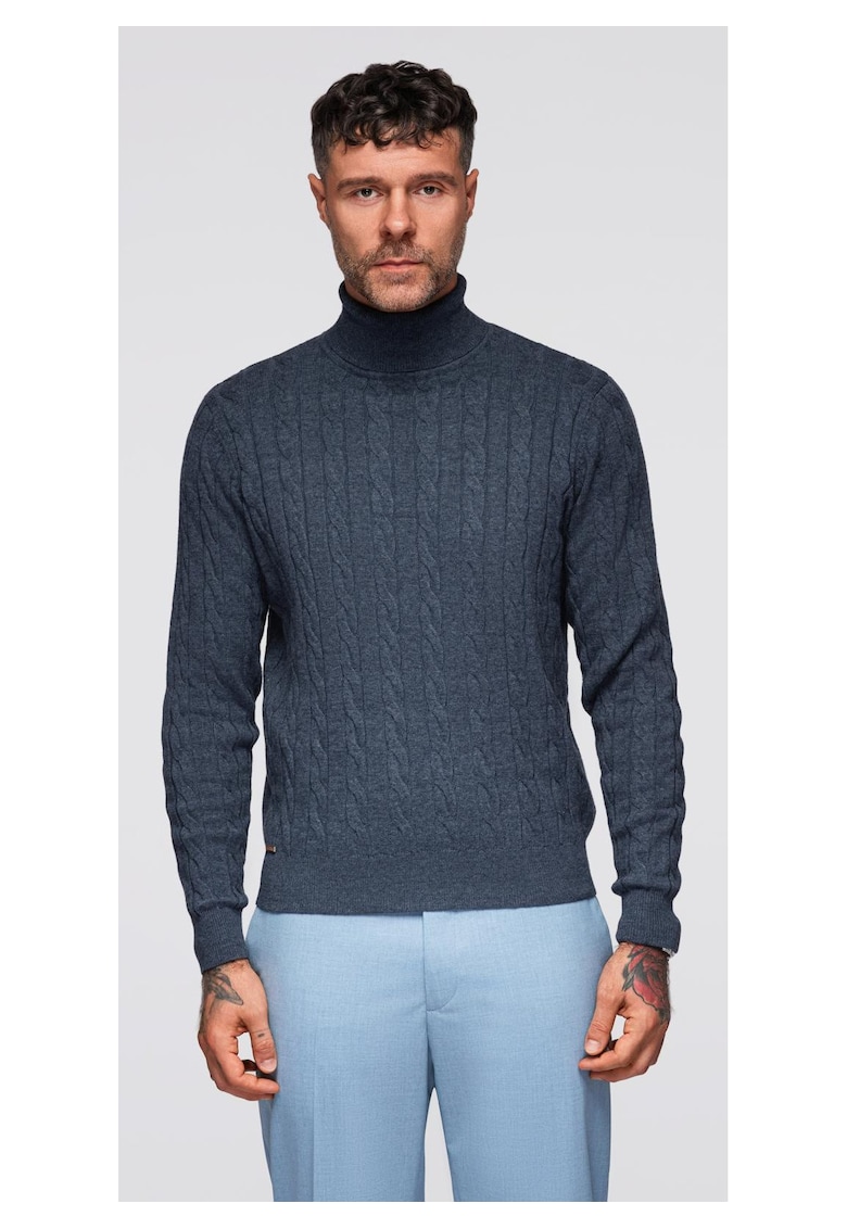 Pulover cu guler inalt si model tricotat OM-SWTN-0157 - Albastru inchis
