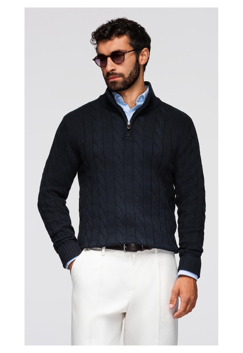 Pulover tricotat cu guler inalt si fermoar OM-SWZS-0138 - Negru