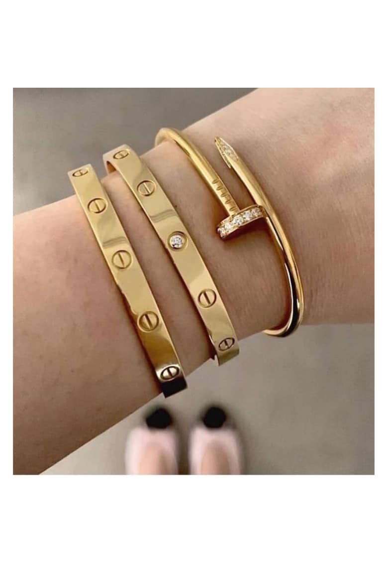 Комплект гривни LOVE и CUI - неръждаема стомана с 14K златно покритие - кристали цирконий - 6.1мм x 6.5мм