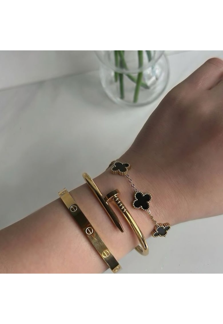 Комплект 3 гривни неръждаема стомана с златно покритие - Alhambra Black 18x4см - LOVE 6.1см - CUI регулируема