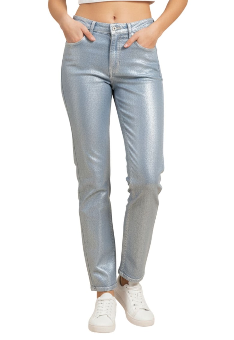 Blugi drepti cu talie inalta si aspect metalizat Harper -
