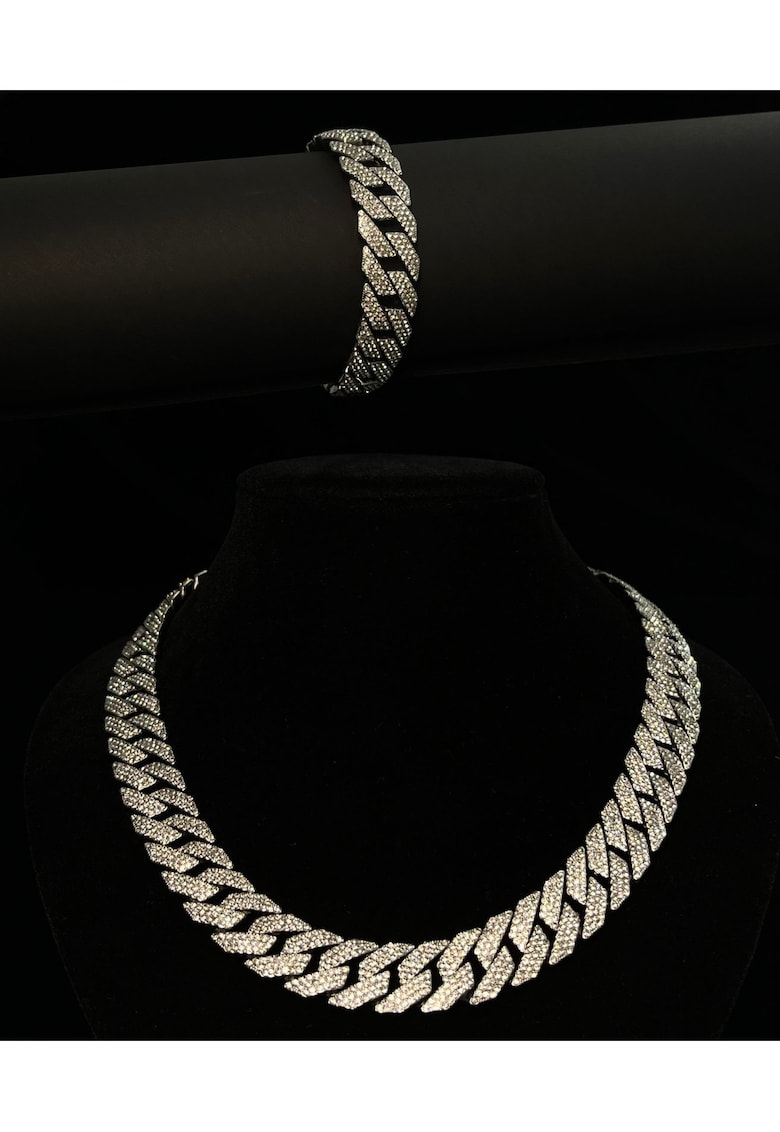 Комплект колие и гривна Cuban Diamond - 14K бяло злато - размери 50x20cm - кристали цирконий