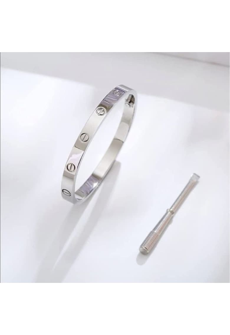 Гривна - LOVE Silver Elegance - неръждаема стомана - покрита с бяло злато - 6 см вътрешен диаметър