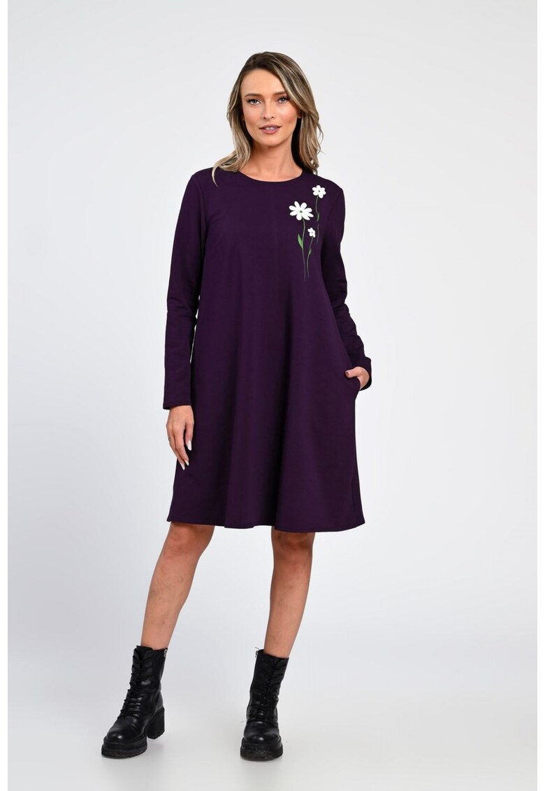 Rochie Dama - A-Line - cu Buzunare Laterale si Pictura Realizata Manual V365 - Alb