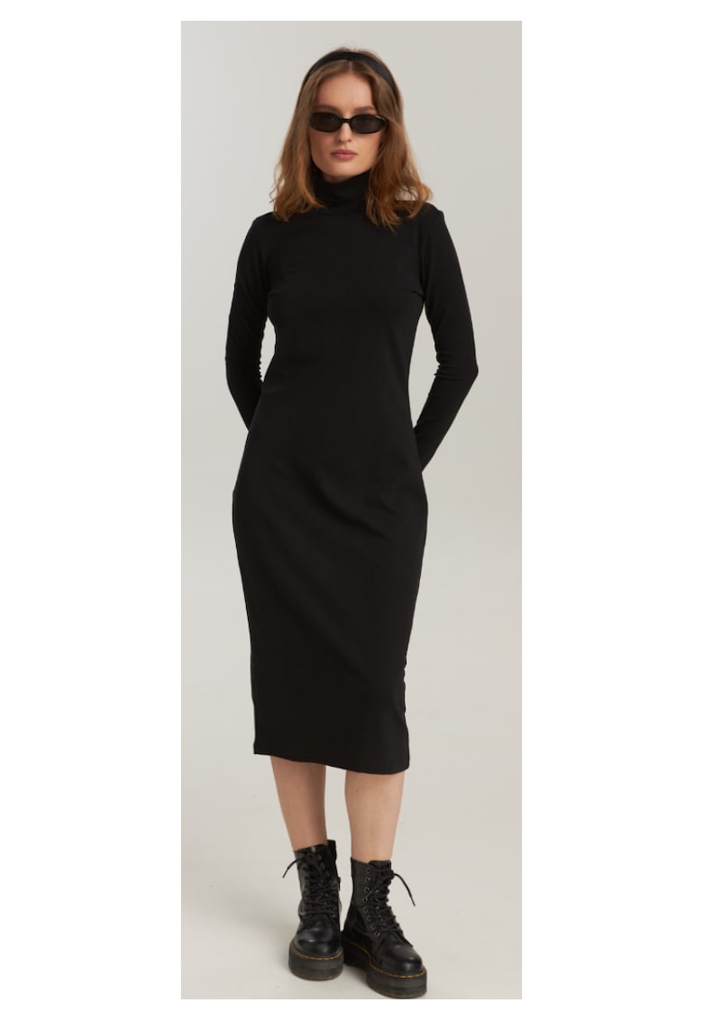 Rochie lunga cu guler si nasturi - din bumbac - pentru dame - Negru