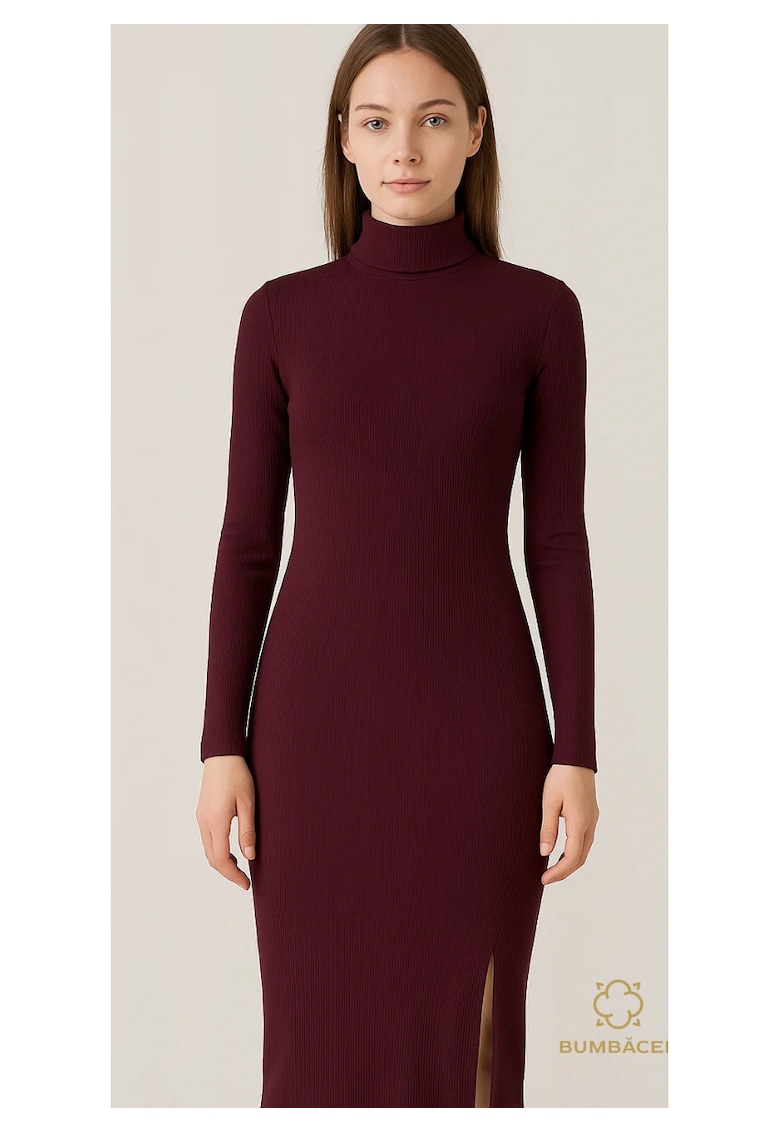 Rochie lunga cu guler si nasturi - din bumbac - pentru dame - Rosu