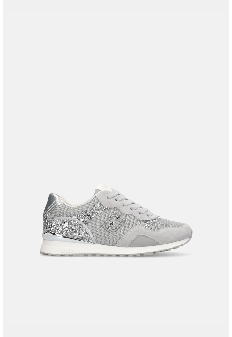 Pantofi sport de piele intoarsa si material textil cu detalii cu aspect stralucitor - Gri deschis/Argintiu