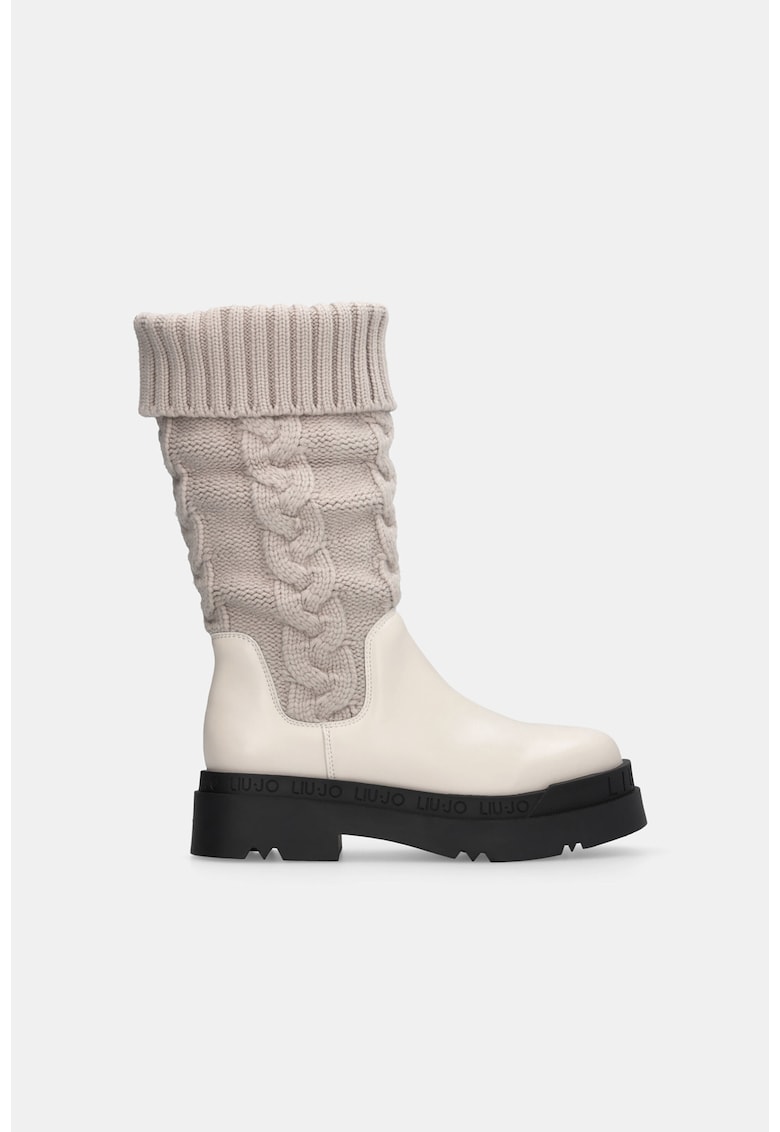 Cizme mid-calf din piele ecologica si tricot - Alb/Gri
