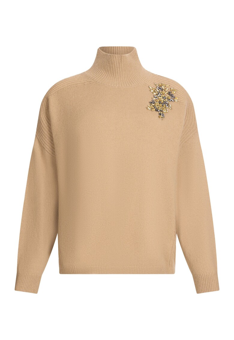 Pulover de lana cu decupaj si strasuri - Maro camel