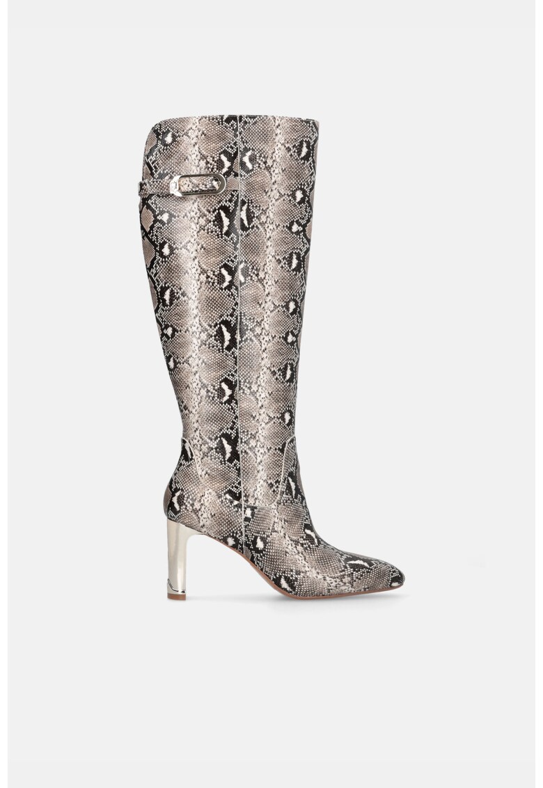 Cizme lungi de piele ecologica cu imprimeu piele de reptila - Negru/Bej
