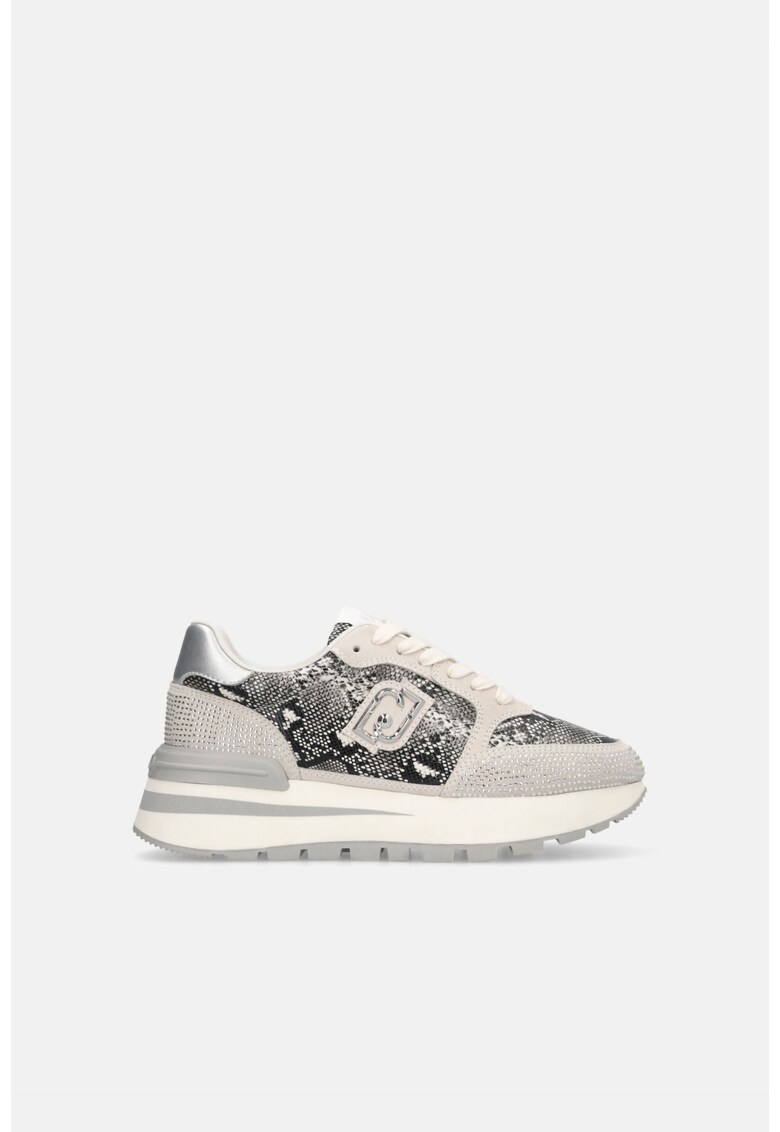 Pantofi sport cu strasuri si segmente cu imprimeu piele de sarpe - Negru/Gri deschis