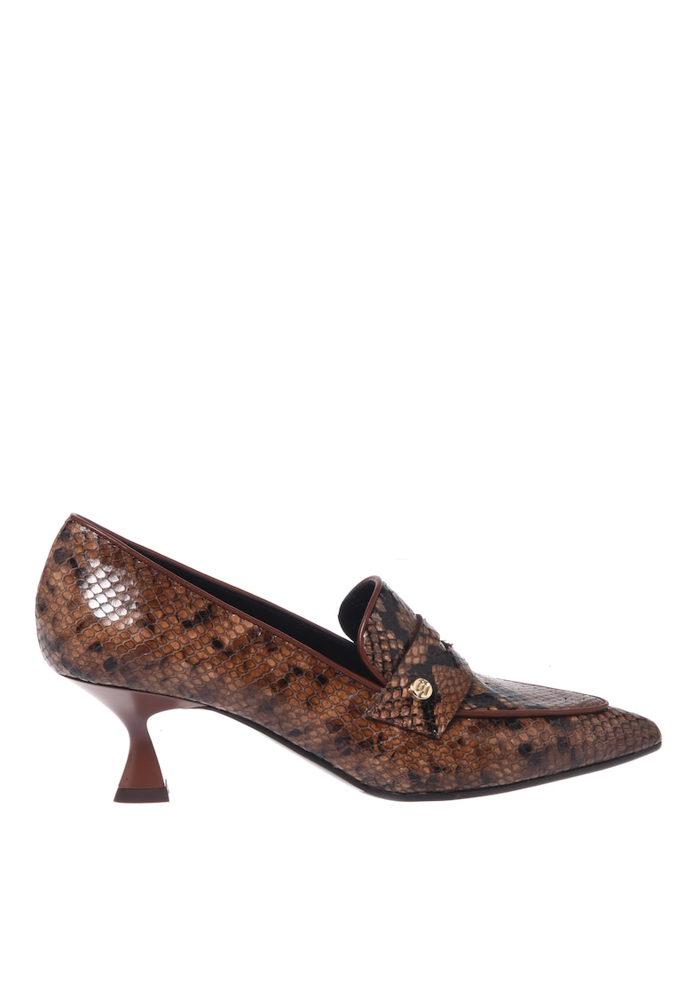 Pantofi din piele cu aspect de piele de sarpe - varf ascutit si toc - Maro