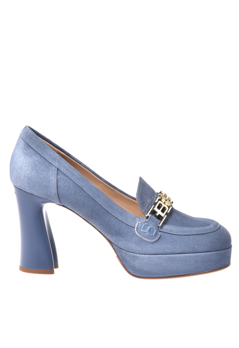 Pantofi din piele intoarsa cu accesoriu monograma metalica - Albastru
