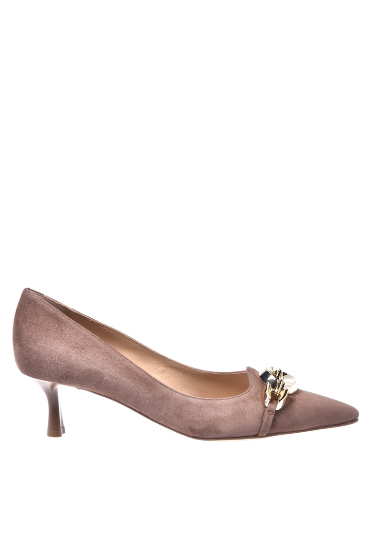 Pantofi din piele intoarsa cu detaliu metalic si toc