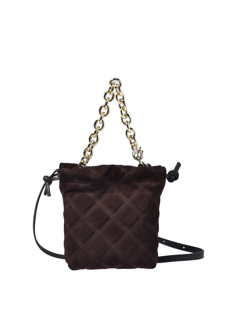 Geanta crossbody din piele intoarsa cu bareta din lant - Maro inchis