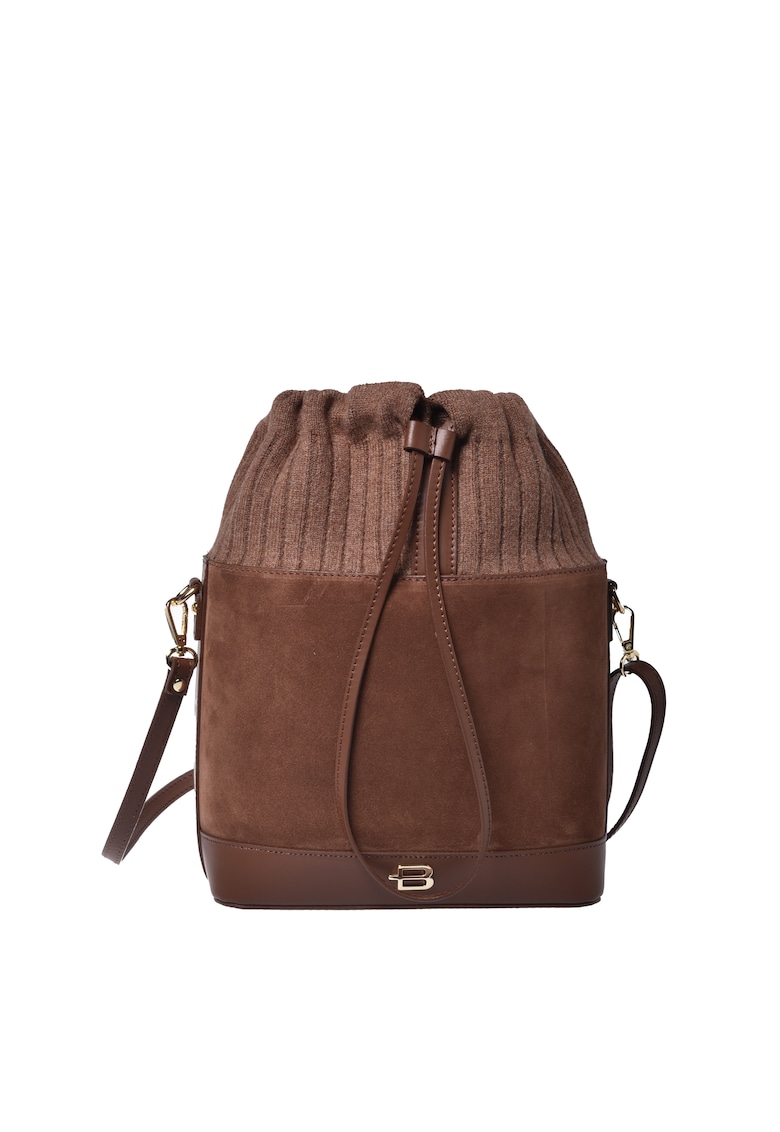 Geanta bucket din piele intoarsa cu garnitura din material textil