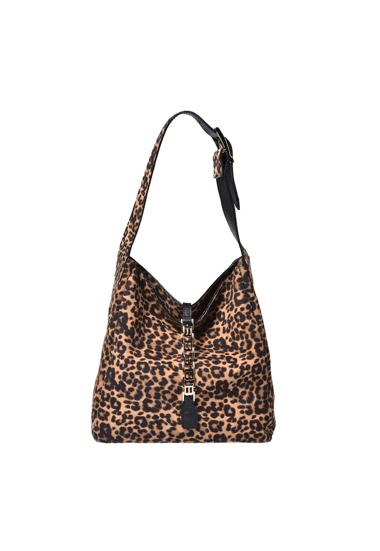 Geanta din piele intoarsa cu bareta de umar si model animal print