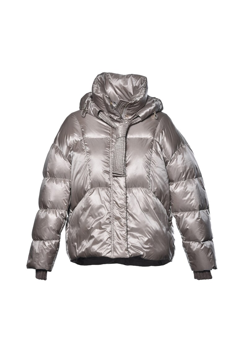 Geaca cu umplutura de puf si mansete striate - Gri deschis/Albastru