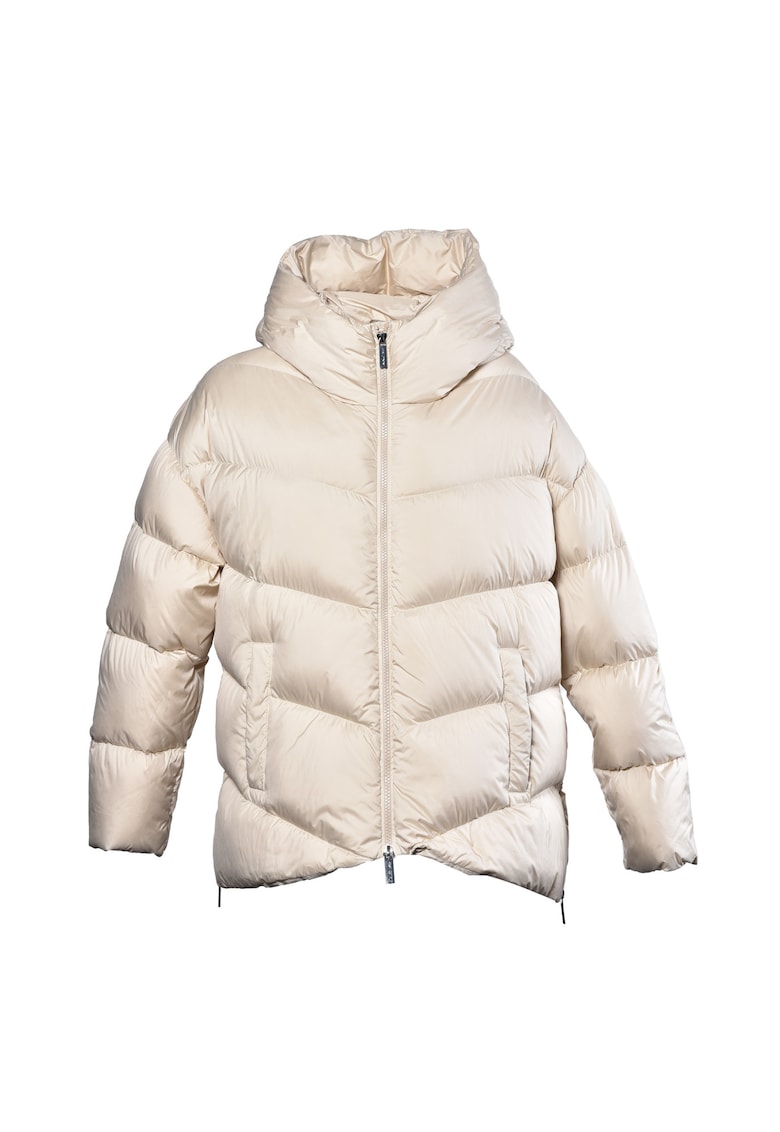 Geaca lunga cu umplutura de puf si slituri laterale cu fermoar