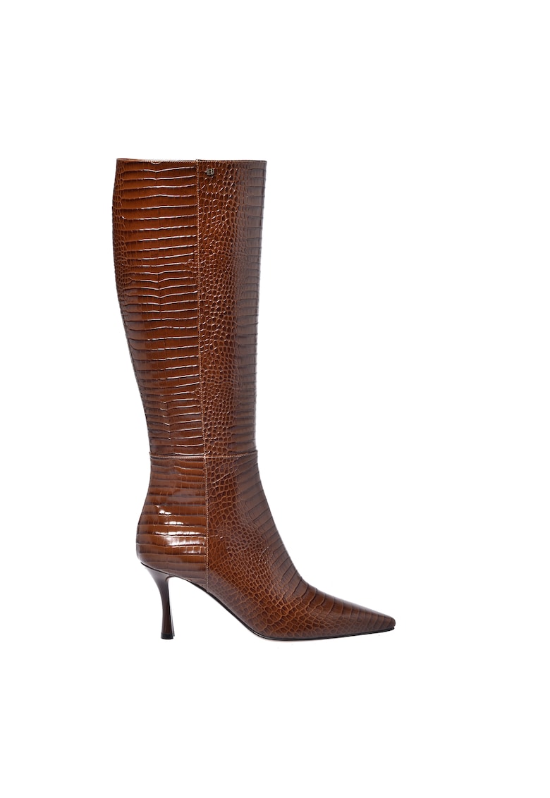 Cizme lungi pana la genunchi din piele cu model si toc clasic